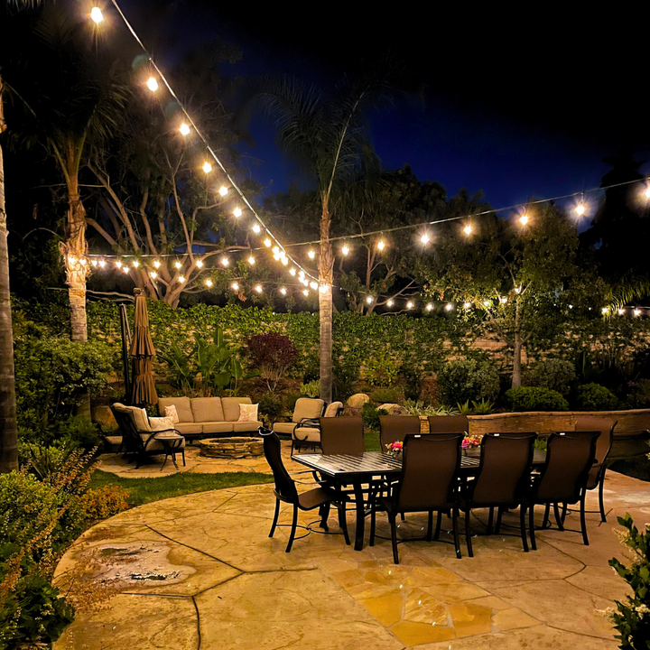 Outdoor Landscape Lighting LED 12V Low Voltage Brilliance SLB101 LED Line Voltage Bistro String Lights 48 FT Outdoor Weatherproof 120VAC 24 S14 2.5W, 2700K Edison Bulbs, 2-Way Mounting Holes
