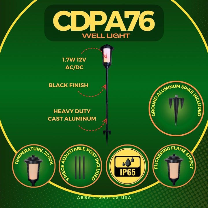 Outdoor Landscape Lighting LED 12V Low Voltage CDPA76 Heavy Duty Cast Aluminum 1.7W Integrated LED Outdoor Landscape 2200K Color Tiki Torch Tall Path Light