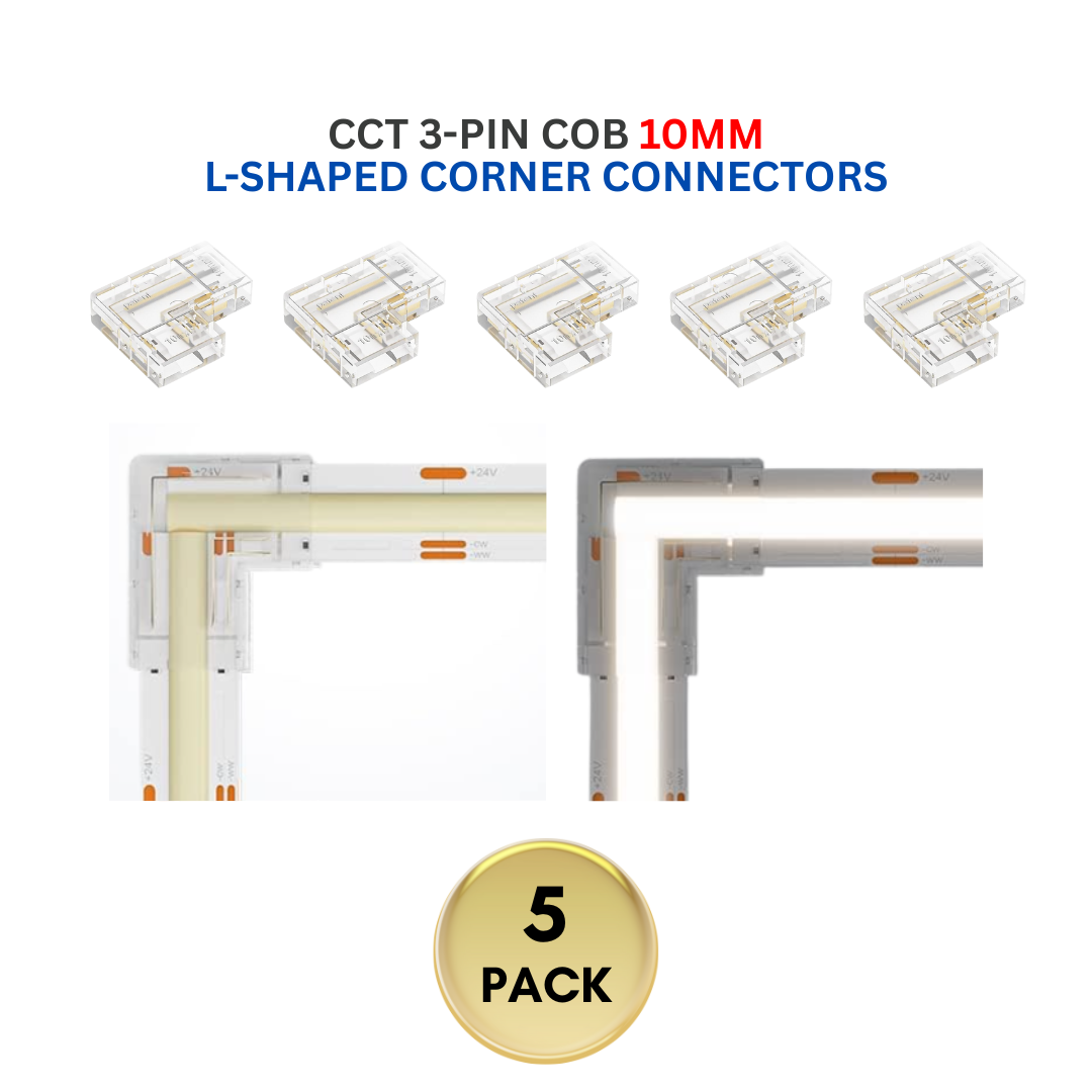 Outdoor Landscape Lighting LED 12V Low Voltage 5-Pack SLD 3-Pin Low Voltage CCT COB LED Strip Connectors - 10mm & 12mm Dotless Strip Lights 10mm 3-Pin L-Shaped Corner Connector