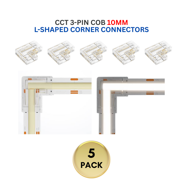 Outdoor Landscape Lighting LED 12V Low Voltage 5-Pack SLD 3-Pin Low Voltage CCT COB LED Strip Connectors - 10mm & 12mm Dotless Strip Lights 10mm 3-Pin L-Shaped Corner Connector