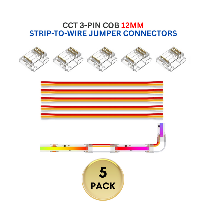 Outdoor Landscape Lighting LED 12V Low Voltage 5-Pack SLD 3-Pin Low Voltage CCT COB LED Strip Connectors - 10mm & 12mm Dotless Strip Lights 12mm 3-Pin Strip-to-Wire