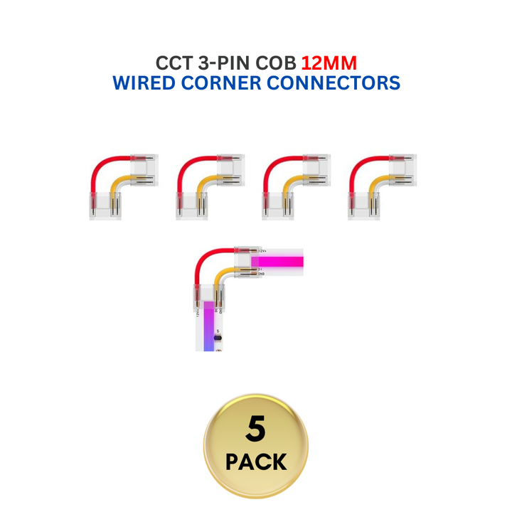 Outdoor Landscape Lighting LED 12V Low Voltage 5-Pack SLD 3-Pin Low Voltage CCT COB LED Strip Connectors - 10mm & 12mm Dotless Strip Lights 12mm 3-Pin Wired Corner Connector