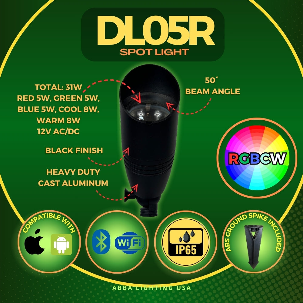 Outdoor Landscape Lighting LED 12V Low Voltage DL05R 8W RGBCW Cast Aluminum 12V AC/DC Low Voltage Integrated LED Smooth Bullet Directional Outdoor Spotlight IP65