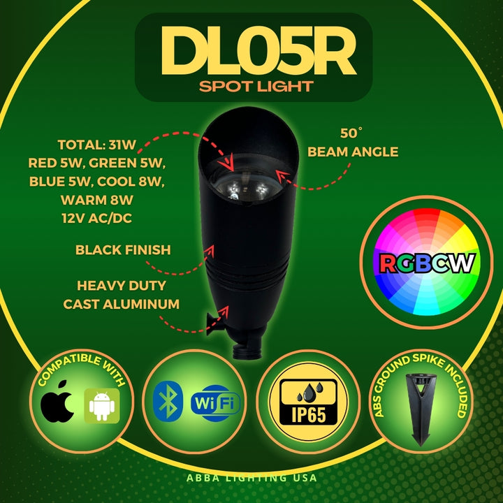 Outdoor Landscape Lighting LED 12V Low Voltage DL05R 8W RGBCW Cast Aluminum 12V AC/DC Low Voltage Integrated LED Smooth Bullet Directional Outdoor Spotlight IP65