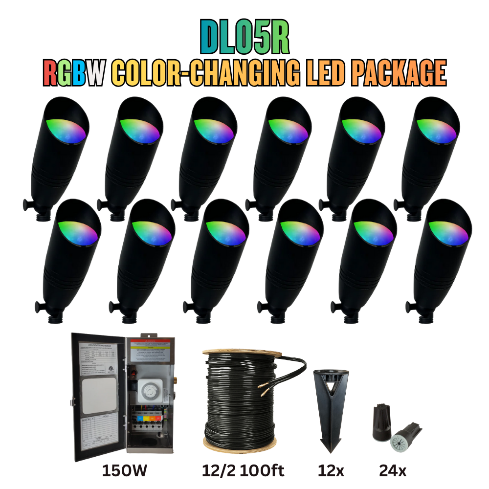 Outdoor Landscape Lighting LED 12V Low Voltage RGBW Color Changing LED Holiday Package: (12) Spotlight or (12) Path Lights with Wires and Connectors DL05R Black Aluminum 8W+ RGBCW Integrated LED Spotlights