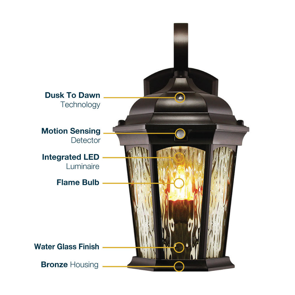 Outdoor Landscape Lighting LED 12V Low Voltage Aluminum LED Wall Flame Lantern with Water Glass 12.5W 1200lm 3000K with Flame Bulb Effect Fixture with Photocell and Motion Sensor Integrated LED Line Voltage 120V AC IP65 Waterproof