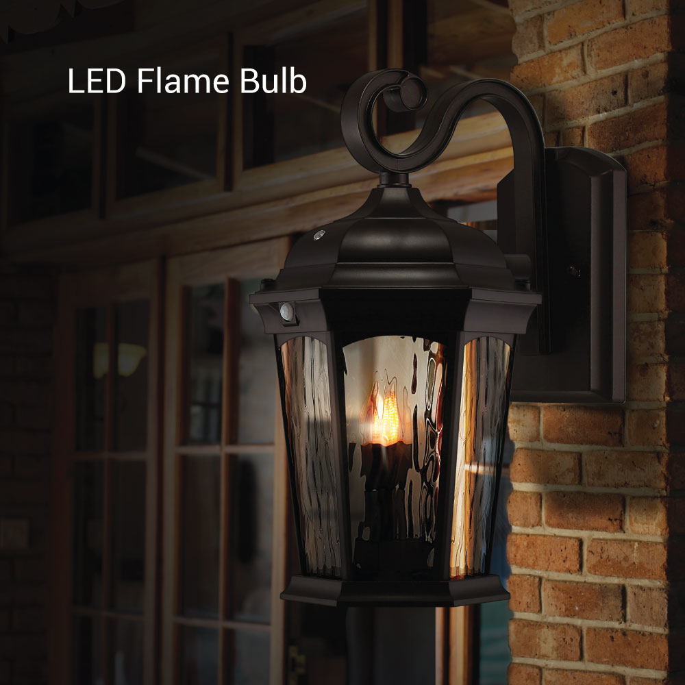 Outdoor Landscape Lighting LED 12V Low Voltage Aluminum LED Wall Flame Lantern with Water Glass 12.5W 1200lm 3000K with Flame Bulb Effect Fixture with Photocell and Motion Sensor Integrated LED Line Voltage 120V AC IP65 Waterproof