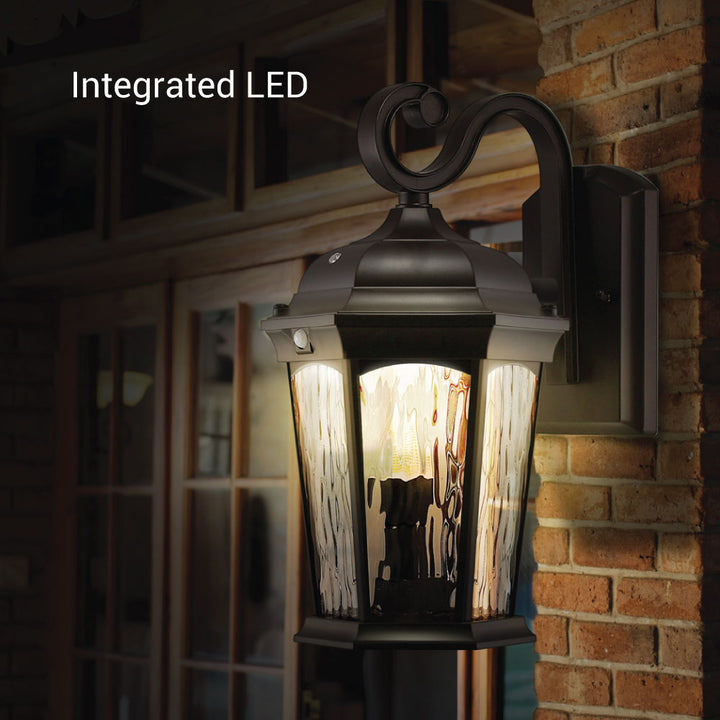 Outdoor Landscape Lighting LED 12V Low Voltage Aluminum LED Wall Flame Lantern with Water Glass 12.5W 1200lm 3000K with Flame Bulb Effect Fixture with Photocell and Motion Sensor Integrated LED Line Voltage 120V AC IP65 Waterproof