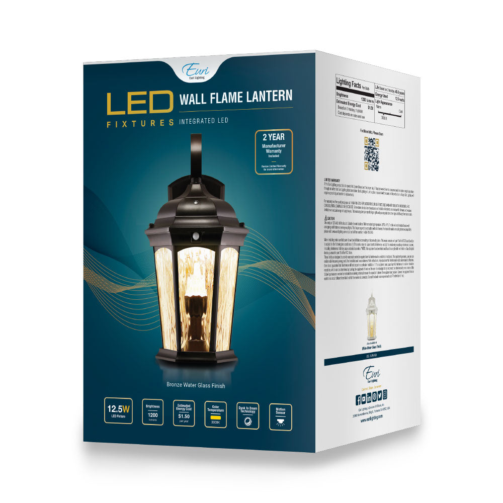 Outdoor Landscape Lighting LED 12V Low Voltage Aluminum LED Wall Flame Lantern with Water Glass 12.5W 1200lm 3000K with Flame Bulb Effect Fixture with Photocell and Motion Sensor Integrated LED Line Voltage 120V AC IP65 Waterproof