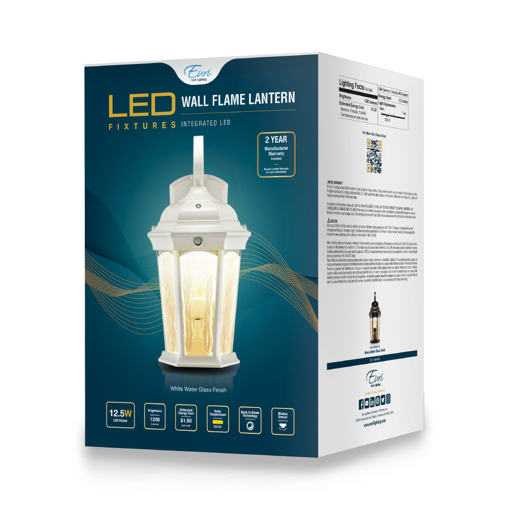 Outdoor Landscape Lighting LED 12V Low Voltage Aluminum LED Wall Flame Lantern with Water Glass 12.5W 1200lm 3000K with Flame Bulb Effect Fixture with Photocell and Motion Sensor Integrated LED Line Voltage 120V AC IP65 Waterproof