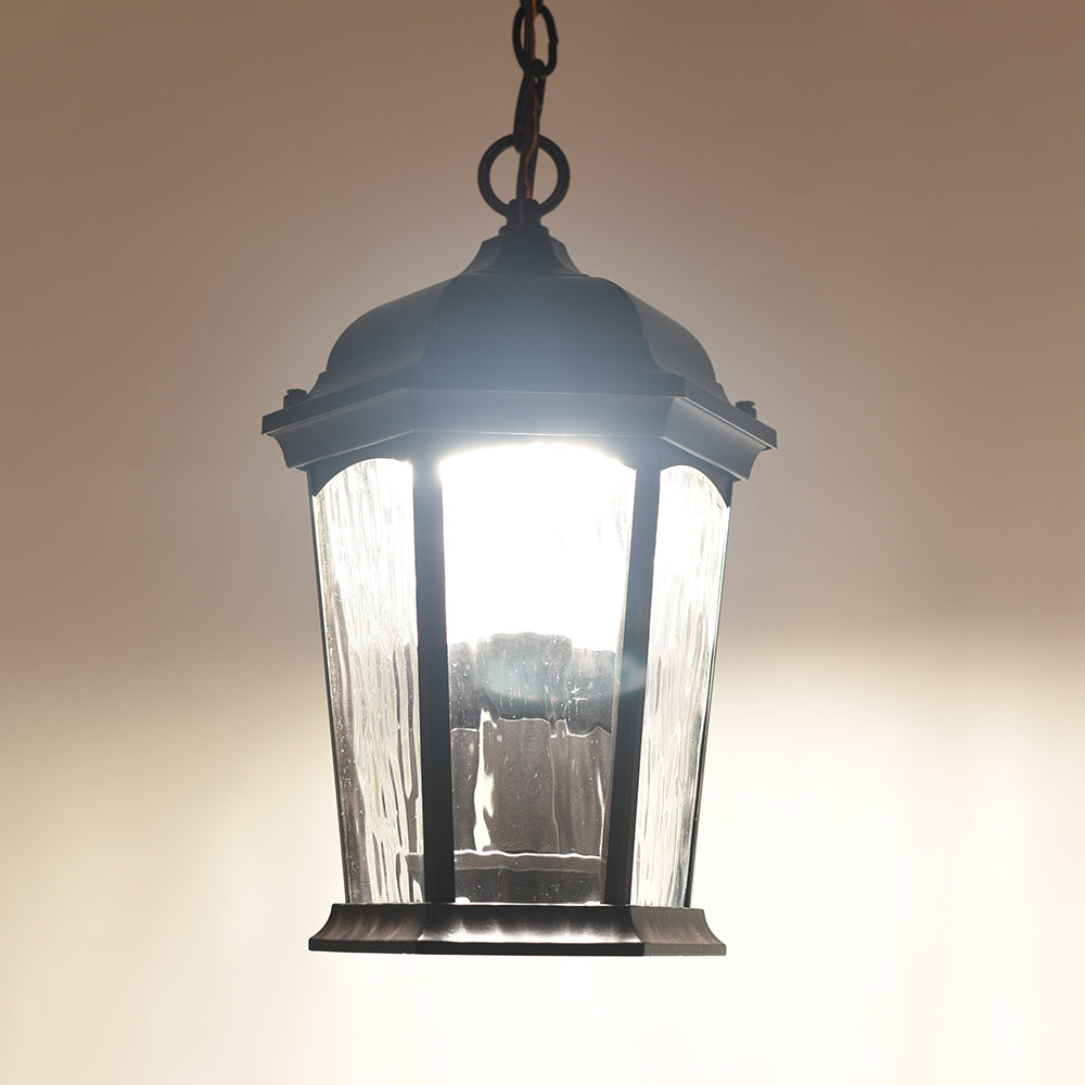 Outdoor Landscape Lighting LED 12V Low Voltage Aluminum LED Hanging Flame Lantern with Water Glass 12.5W 1300lm 3000K with Flame Bulb Effect Fixture with Photocell and Motion Sensor Integrated LED Line Voltage 120V AC IP64 Damp-rated