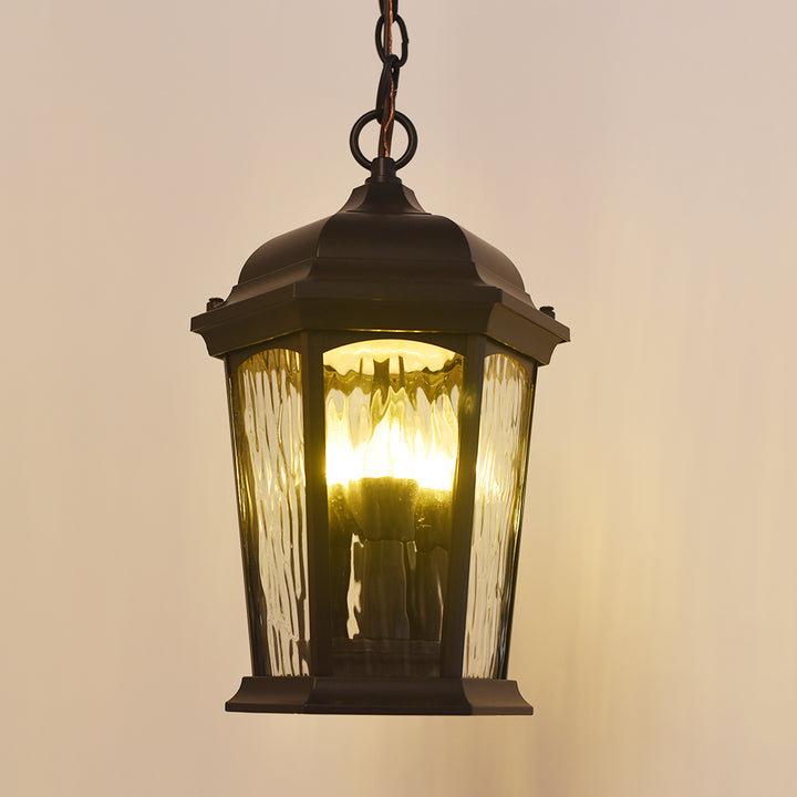 Outdoor Landscape Lighting LED 12V Low Voltage Aluminum LED Hanging Flame Lantern with Water Glass 12.5W 1300lm 3000K with Flame Bulb Effect Fixture with Photocell and Motion Sensor Integrated LED Line Voltage 120V AC IP64 Damp-rated