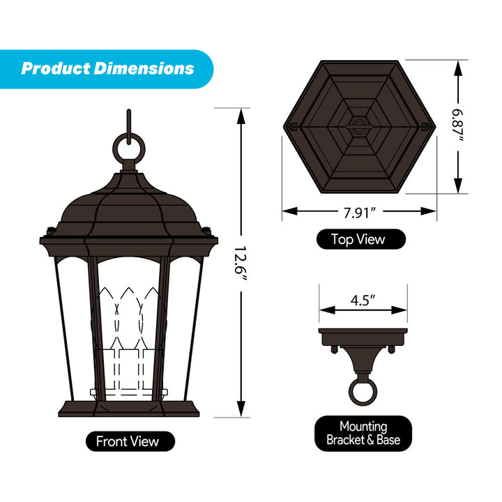 Outdoor Landscape Lighting LED 12V Low Voltage Aluminum LED Hanging Flame Lantern with Water Glass 12.5W 1300lm 3000K with Flame Bulb Effect Fixture with Photocell and Motion Sensor Integrated LED Line Voltage 120V AC IP64 Damp-rated