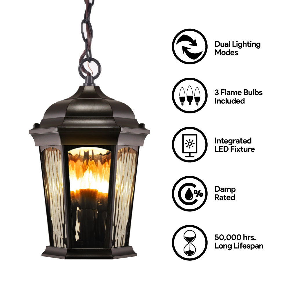 Outdoor Landscape Lighting LED 12V Low Voltage Aluminum LED Hanging Flame Lantern with Water Glass 12.5W 1300lm 3000K with Flame Bulb Effect Fixture with Photocell and Motion Sensor Integrated LED Line Voltage 120V AC IP64 Damp-rated