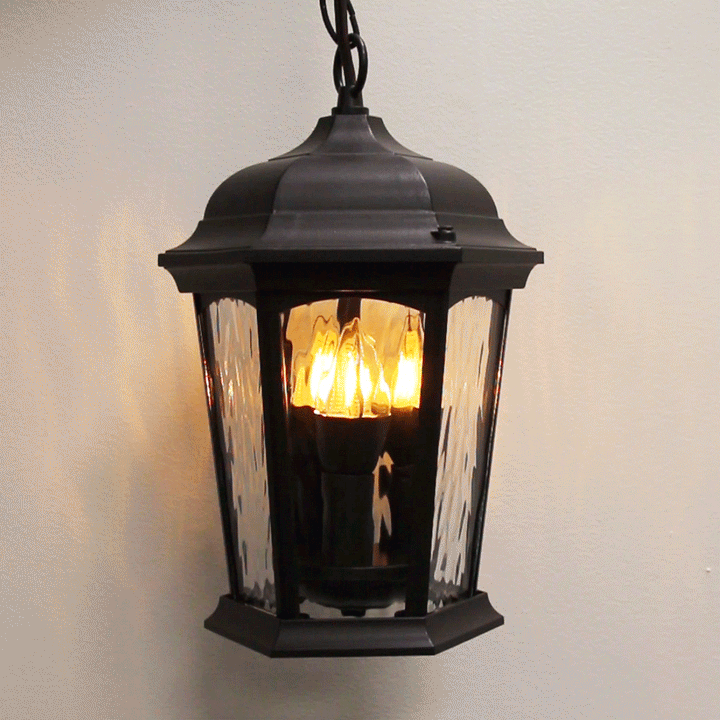 Outdoor Landscape Lighting LED 12V Low Voltage Aluminum LED Hanging Flame Lantern with Water Glass 12.5W 1300lm 3000K with Flame Bulb Effect Fixture with Photocell and Motion Sensor Integrated LED Line Voltage 120V AC IP64 Damp-rated