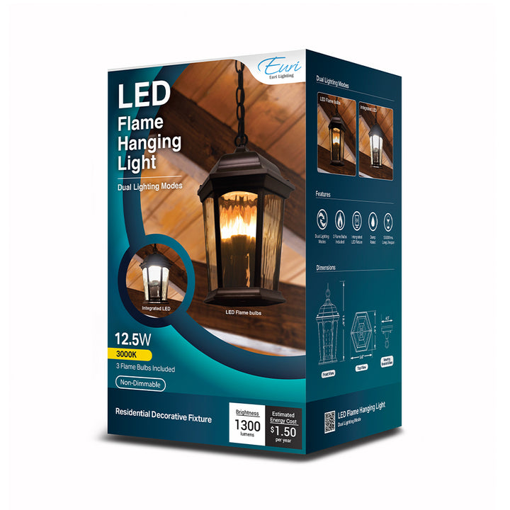 Outdoor Landscape Lighting LED 12V Low Voltage Aluminum LED Hanging Flame Lantern with Water Glass 12.5W 1300lm 3000K with Flame Bulb Effect Fixture with Photocell and Motion Sensor Integrated LED Line Voltage 120V AC IP64 Damp-rated