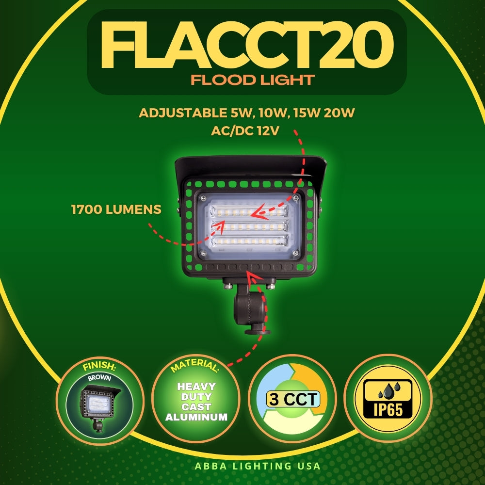 Outdoor Landscape Lighting LED 12V Low Voltage FLACCT20 Bronze 4x/8x/12x Package 12V Low Voltage Adjustable CCT and Wattage 5W-20W Integrated LED Landscape Lighting Aluminum Outdoor Floodlight