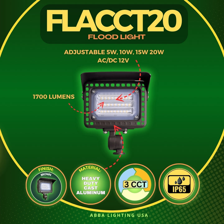 Outdoor Landscape Lighting LED 12V Low Voltage FLACCT20 Bronze 4x/8x/12x Package 12V Low Voltage Adjustable CCT and Wattage 5W-20W Integrated LED Landscape Lighting Aluminum Outdoor Floodlight