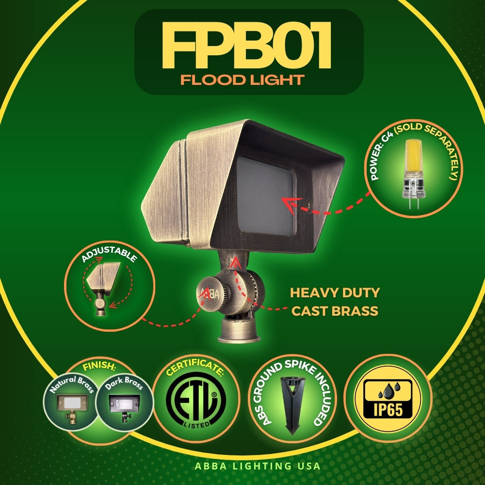 Outdoor Landscape Lighting LED 12V Low Voltage FPB01 4x/8x/12x Package Brass Rectangular LED Directional Floodlight Adjustable Lighting with G4 3W 3000K Bulb