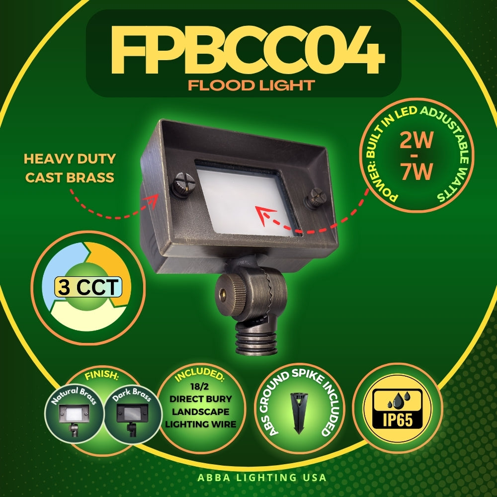 Outdoor Landscape Lighting LED 12V Low Voltage FPBCC04 Cast Brass 3CCT Adjustable 2W-7W Rectangular Built-In LED Floodlight Low Voltage Fixture