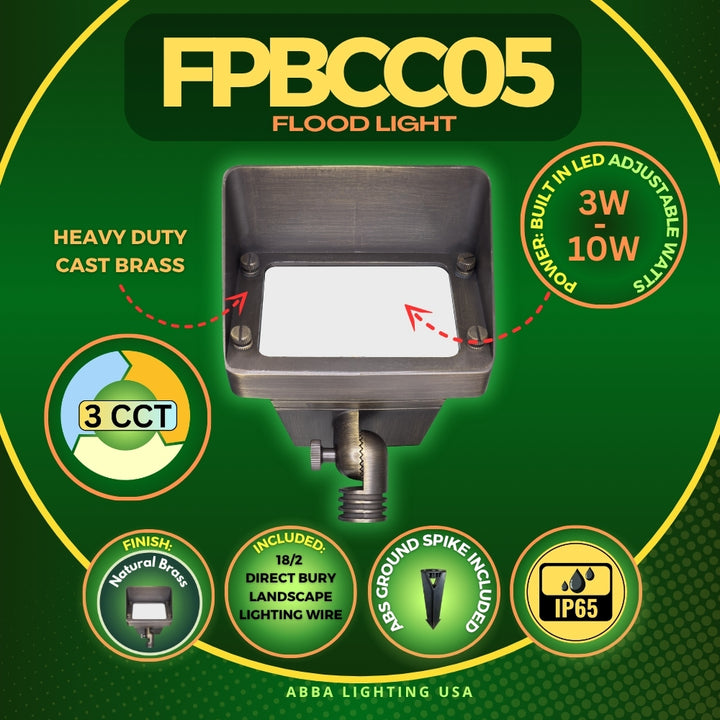 Outdoor Landscape Lighting LED 12V Low Voltage FPBCC05 Cast Brass 3CCT Adjustable 3W-10W Rectangular Built-In LED Floodlight 12V Low Voltage Floodlight Fixture