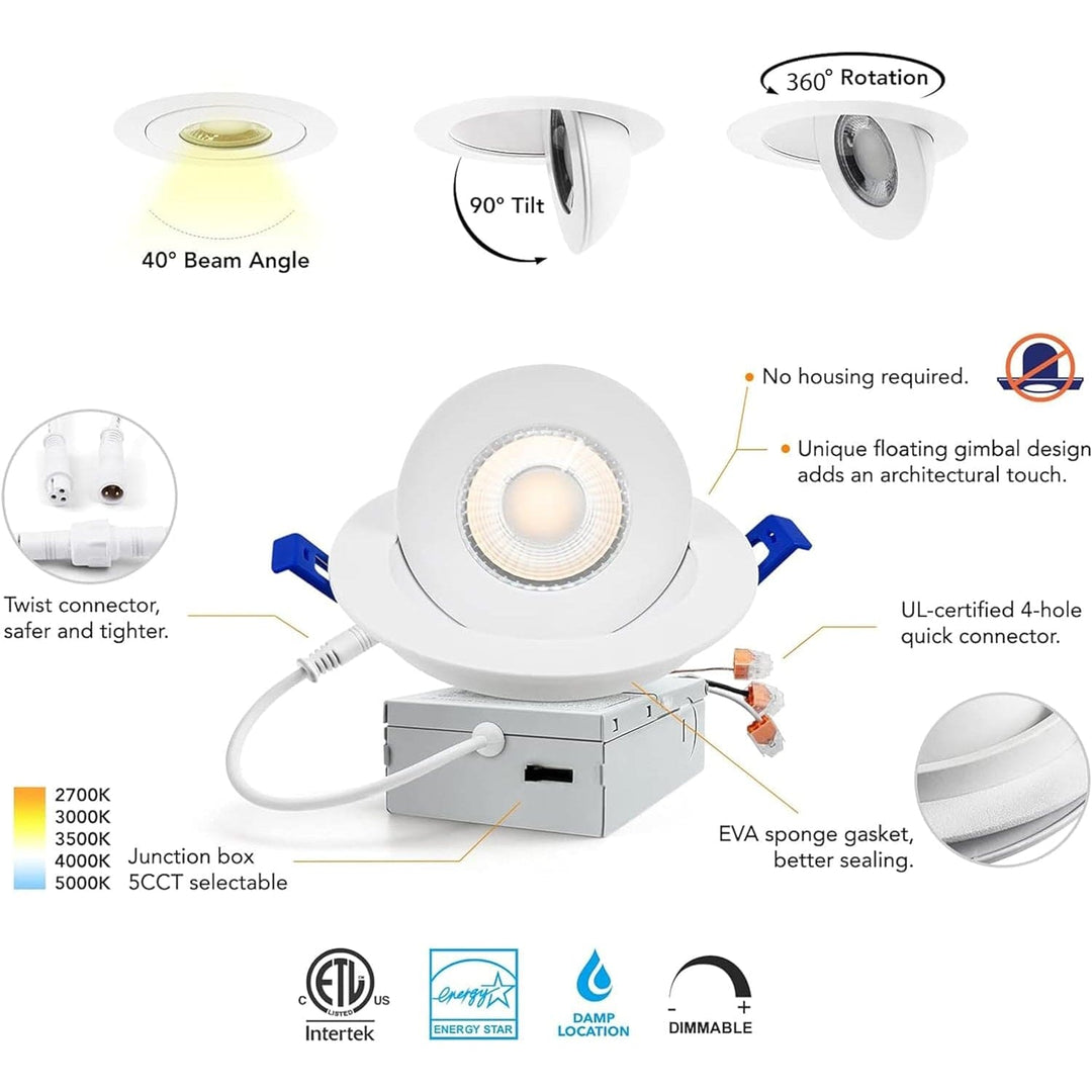 Outdoor Landscape Lighting LED 12V Low Voltage LED Canless Recessed Light 4x/8x/12x Package 9W 4 inch Gimbal 5CCT Dimmable Adjustable Directional Retrofit Eyeball Lighting with Jbox ETL Rated
