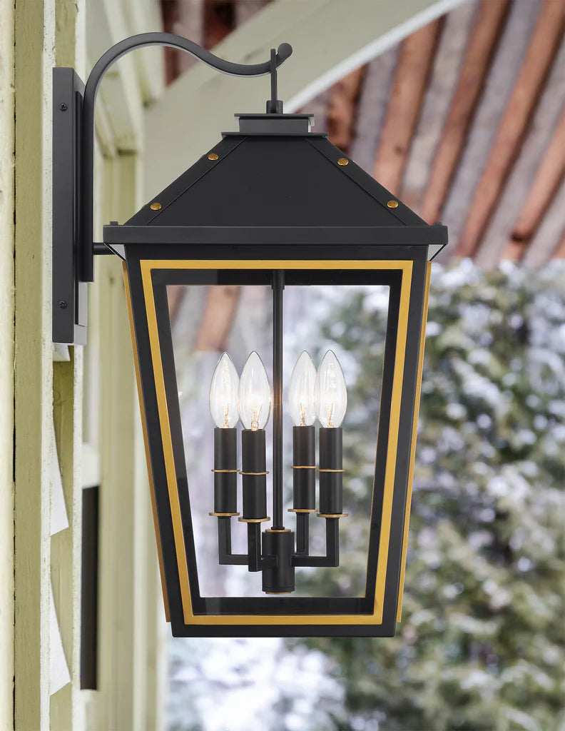 Outdoor Landscape Lighting LED 12V Low Voltage Hawkins 4 Light Outdoor Sconce 12"x22.5" Stainless Steel and Glass Matte Black with Textured Gold Finish 120V 4 E12 Candelabra Base LED Bulb Sockets for Patio, Garden, Exterior Walls