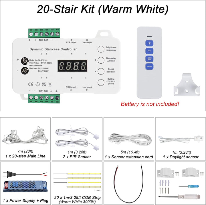 Outdoor Landscape Lighting LED 12V Low Voltage SLMS01 Intelligent Motion Sensor LED COB Strip Light Stair Light Kit 16 or 20 Stairs, Step by Step Control with Remote PIR & Light Sensor Control