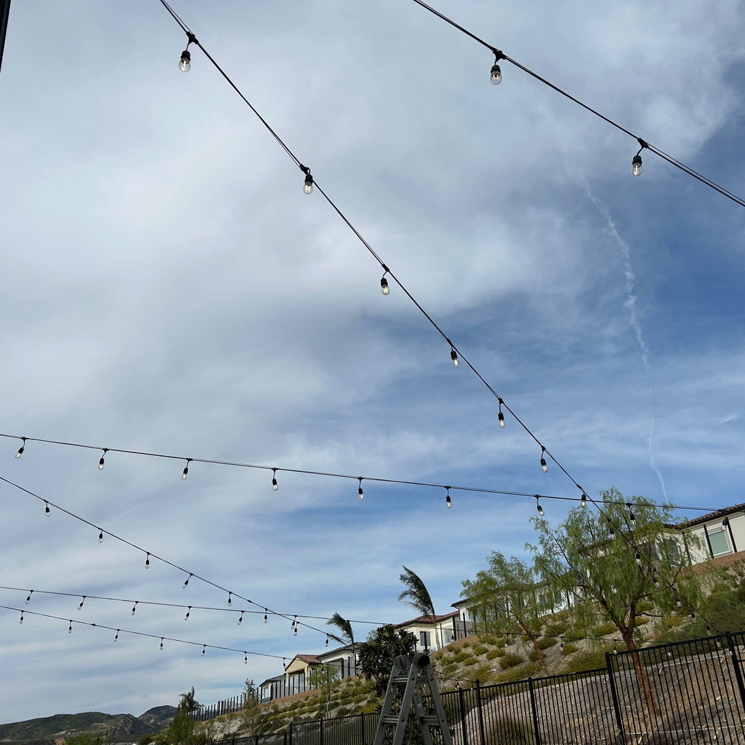 Outdoor Landscape Lighting LED 12V Low Voltage Brilliance SLB101 LED Line Voltage Bistro String Lights 48 FT Outdoor Weatherproof 120VAC 24 S14 2.5W, 2700K Edison Bulbs, 2-Way Mounting Holes