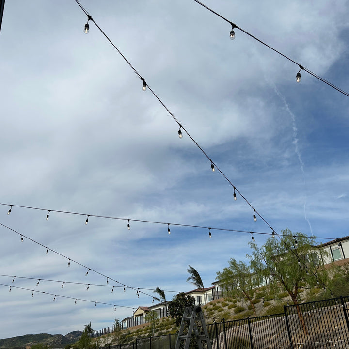 Outdoor Landscape Lighting LED 12V Low Voltage Brilliance SLB101 LED Line Voltage Bistro String Lights 48 FT Outdoor Weatherproof 120VAC 24 S14 2.5W, 2700K Edison Bulbs, 2-Way Mounting Holes
