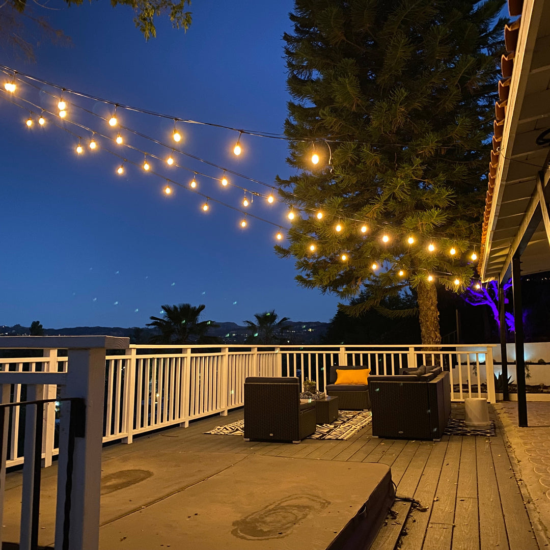 Outdoor Landscape Lighting LED 12V Low Voltage Brilliance SLB101 LED Line Voltage Bistro String Lights 48 FT Outdoor Weatherproof 120VAC 24 S14 2.5W, 2700K Edison Bulbs, 2-Way Mounting Holes