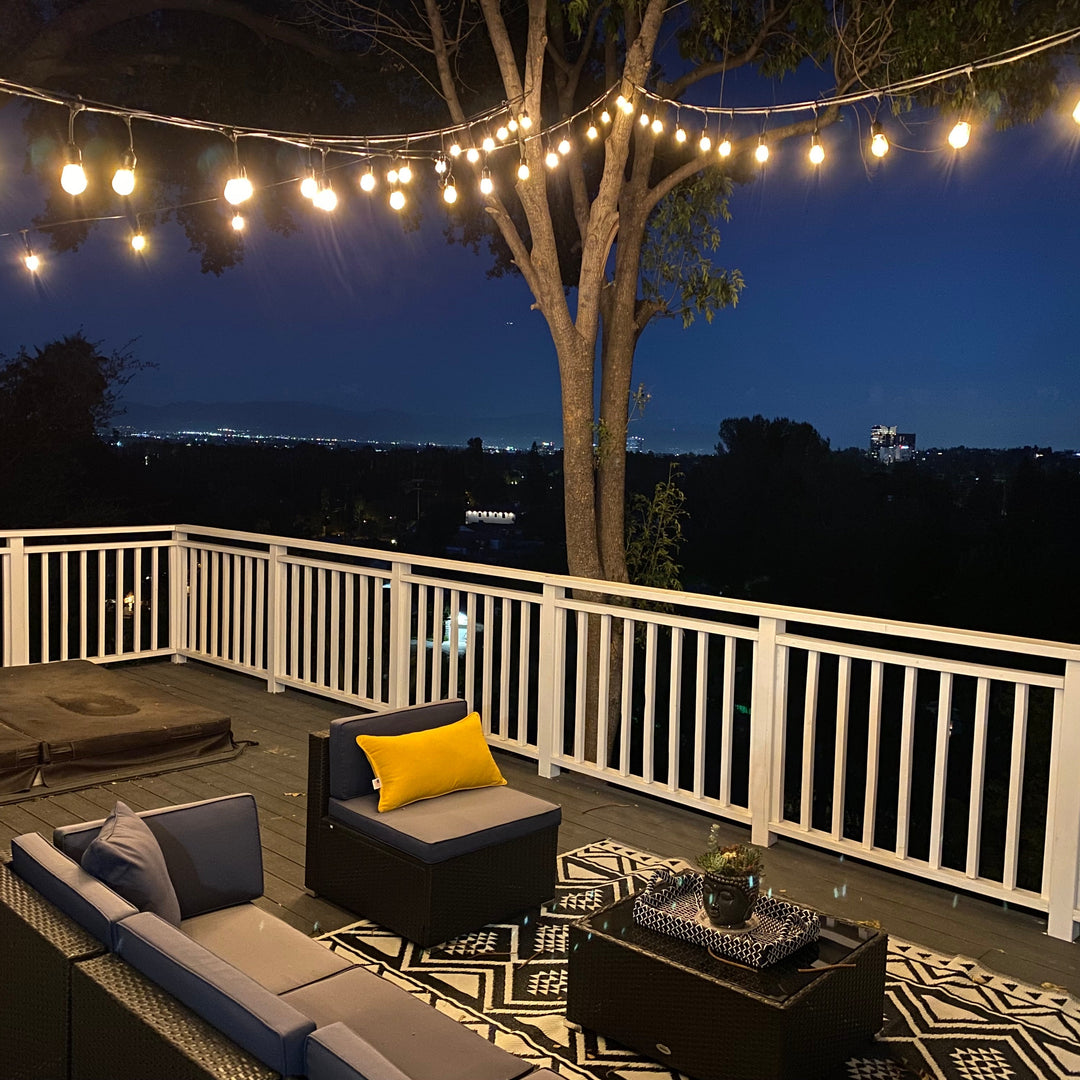Outdoor Landscape Lighting LED 12V Low Voltage Brilliance SLB101 LED Line Voltage Bistro String Lights 48 FT Outdoor Weatherproof 120VAC 24 S14 2.5W, 2700K Edison Bulbs, 2-Way Mounting Holes