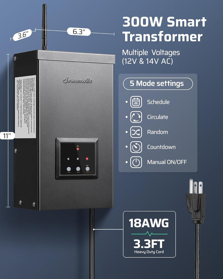 Outdoor Landscape Lighting LED 12V Low Voltage TMWZ 120W/200W/300W AC Digital Smart Wi-Fi 2.4Ghz 12V/14V 3-Zone Independent Outputs, Low Voltage Metal Outdoor Transformer with Photocell & Timer 300W Metal