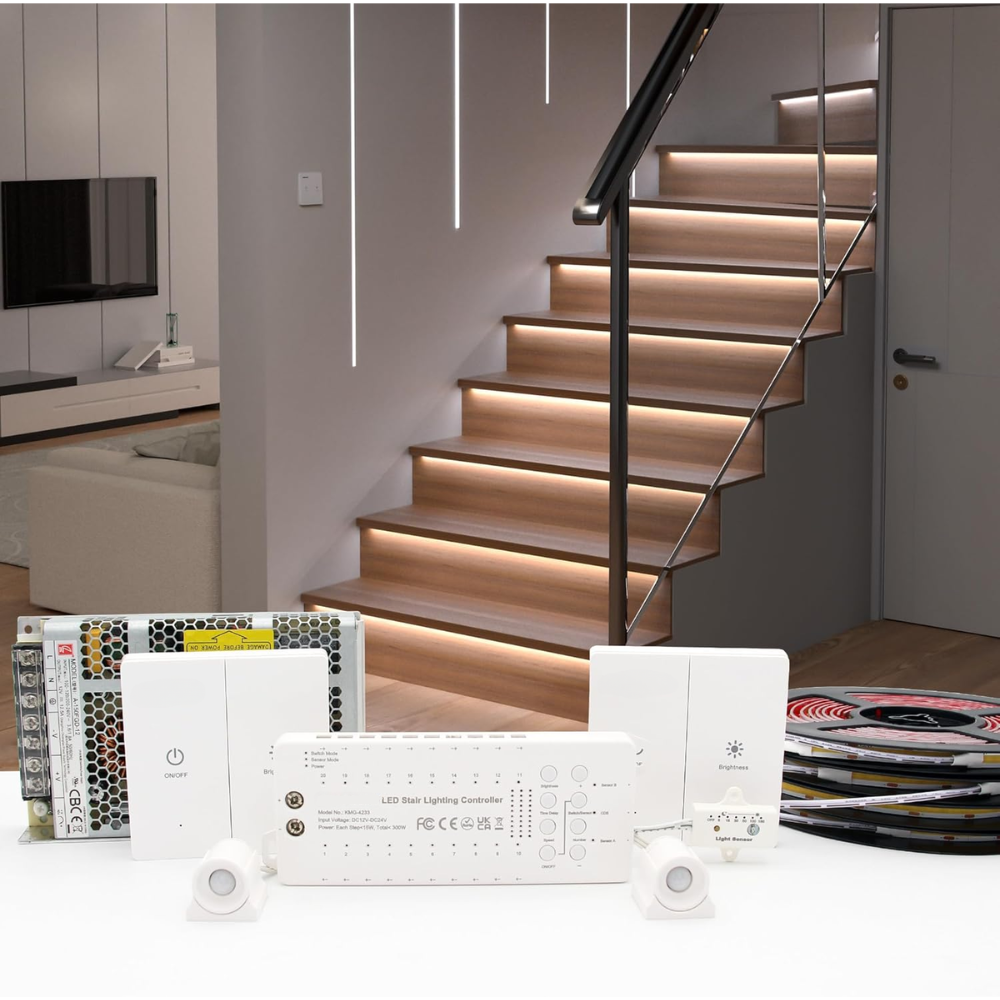 Outdoor Landscape Lighting LED 12V Low Voltage SLMS02 Intelligent Motion Sensor LED COB Strip Light Stair Light Kit 12, 16 or 20 Stairs with Wall Switch 3000K Warm White or 6000K 6000K Cool White