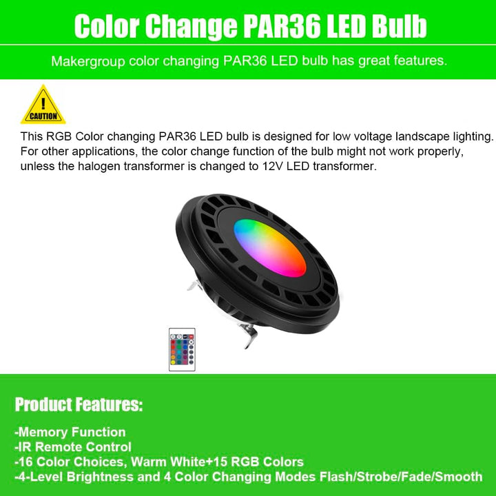 Outdoor Landscape Lighting LED 12V Low Voltage PAR36 7W LED RGBW, Remote Controlled, dimmable, IP67 waterproof Low Voltage Bulbs