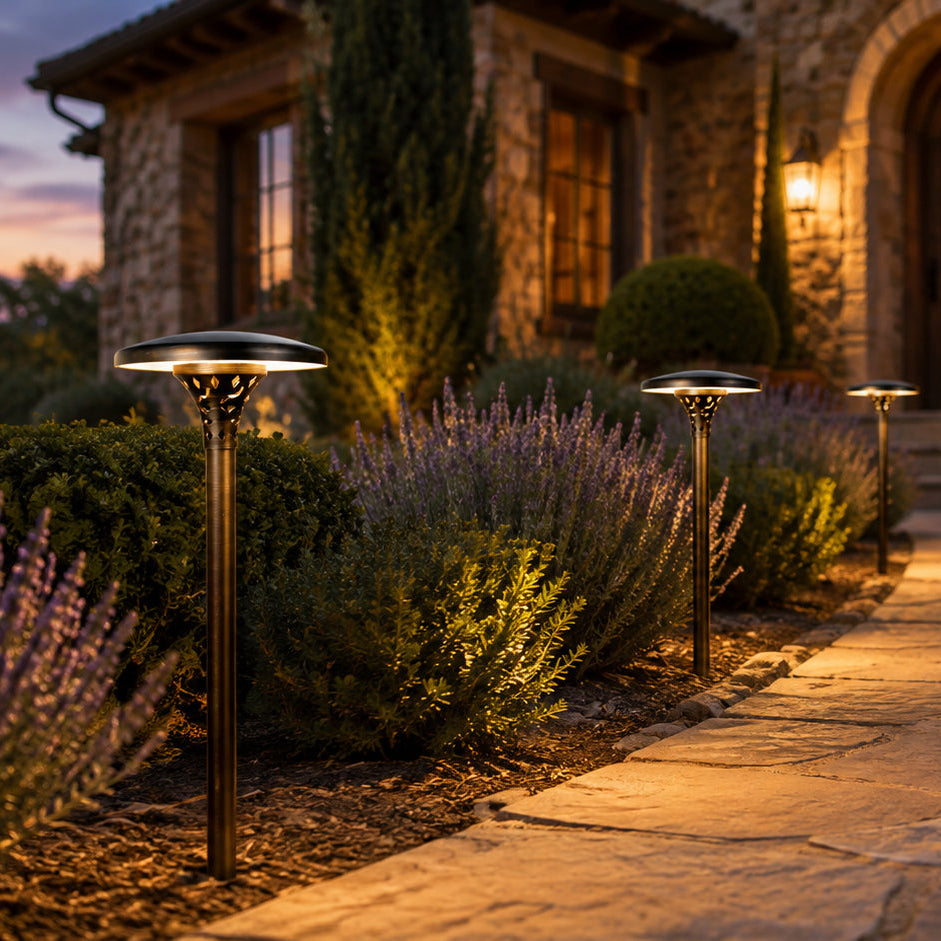 PLB28 4W 3000K Integrated LED Mushroom Hat Outdoor Garden Pathway Light | 12V Low Voltage Brass Path Light