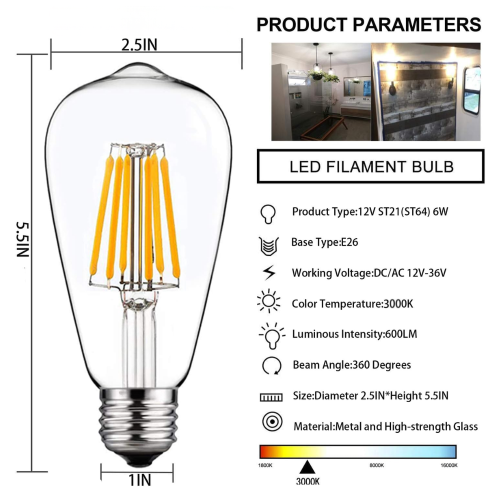 Outdoor Landscape Lighting LED 12V Low Voltage E26 6W 12V-36V 2700K/3000K/6000K AC/DC LED Filament Edison Bulbs Package Dimmable Energy Saving Low Voltage Light Bulb