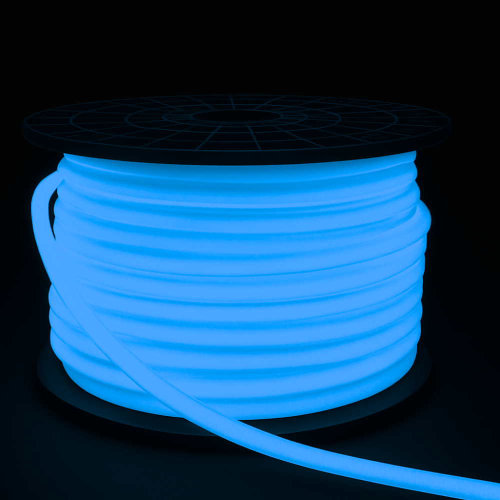 Outdoor Landscape Lighting LED 12V Low Voltage SLN11 Dotless Neon LED Strip Light 360° 120V 4W/ft IP67 Outdoor Rated Dimmable High Voltage Slim 16x16mm Silicone Strip Light with Holder, IR Remote, and Adapter with Power Supply Blue