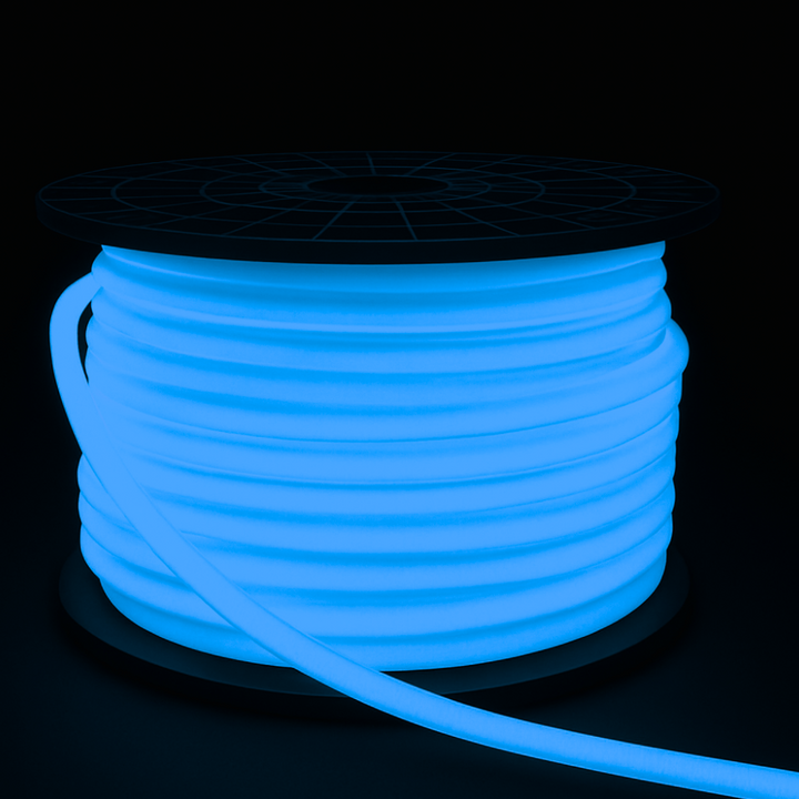 Outdoor Landscape Lighting LED 12V Low Voltage SLN11 Dotless Neon LED Strip Light 360° 120V 4W/ft IP67 Outdoor Rated Dimmable High Voltage Slim 16x16mm Silicone Strip Light with Holder, IR Remote, and Adapter with Power Supply Blue