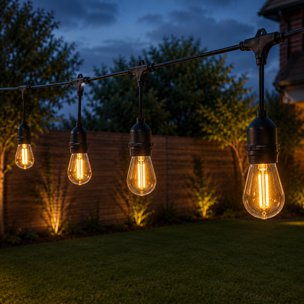 Outdoor Landscape Lighting LED 12V Low Voltage SL101 LED Low Voltage Bistro String Lights 48 FT Outdoor Weatherproof 12V Edison Bulbs with 100W DC Transformer and 55ft Hanging Kit Package Deal