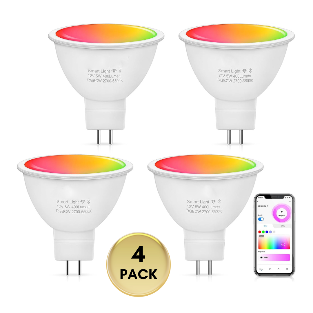 Outdoor Landscape Lighting LED 12V Low Voltage RGBCW MR16 5W Smart WIFI LED Light Bulb 4 Pack, Energy Saving RGBCW Color Changing 12V Outdoor LED Bulb Package Compatible with Alexa, Google Assistant, and Siri