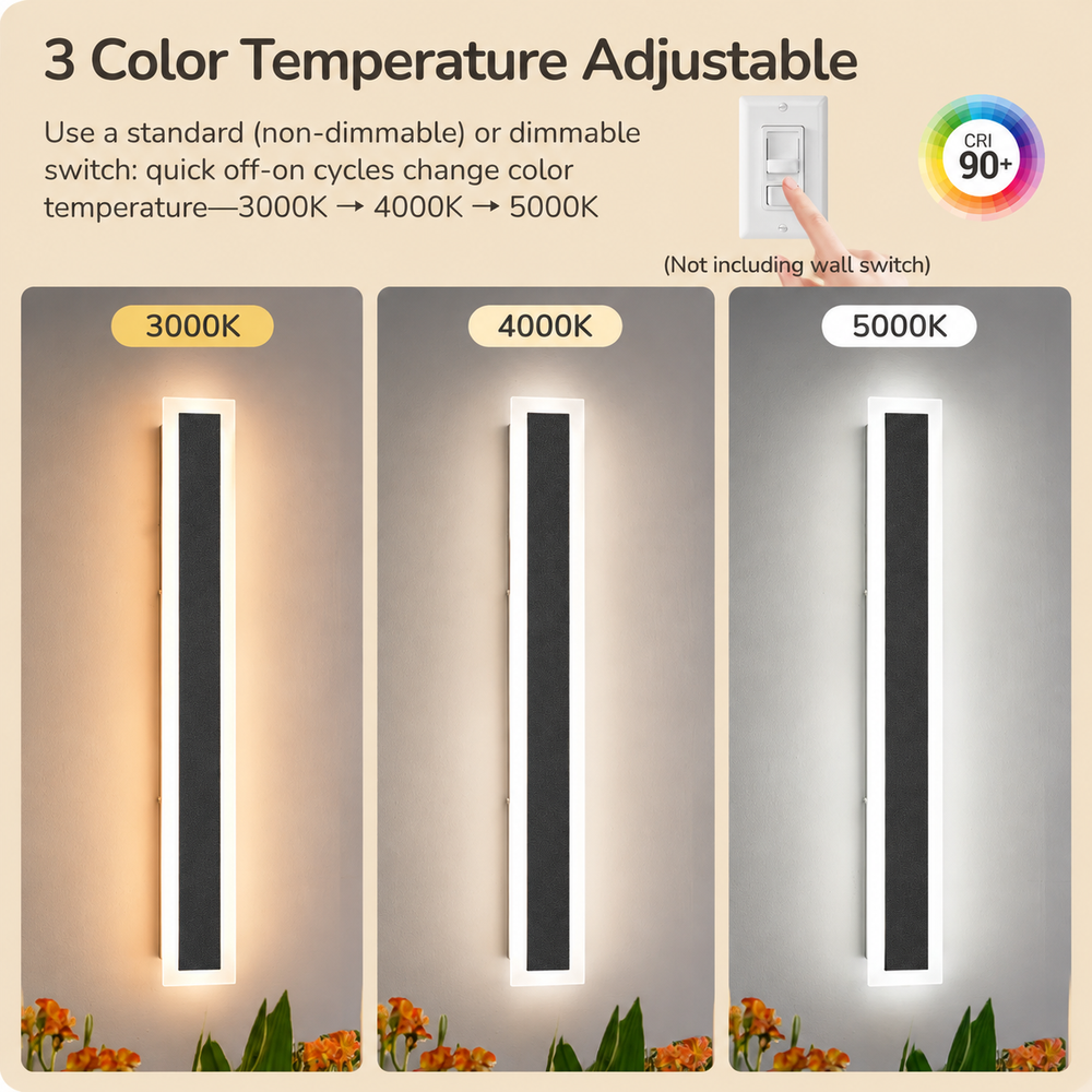 Outdoor Landscape Lighting LED 12V Low Voltage SCH03 2-Pack LED Rectangular Modern Outdoor Wall Sconce Light 1600LM Dimmable 3CCT 3000K/4000K/5000K Iron and Acrylic Integrated LED 28W Line Voltage 120V AC IP65 Waterproof Package for Front Door, Porch, Patio, Garage
