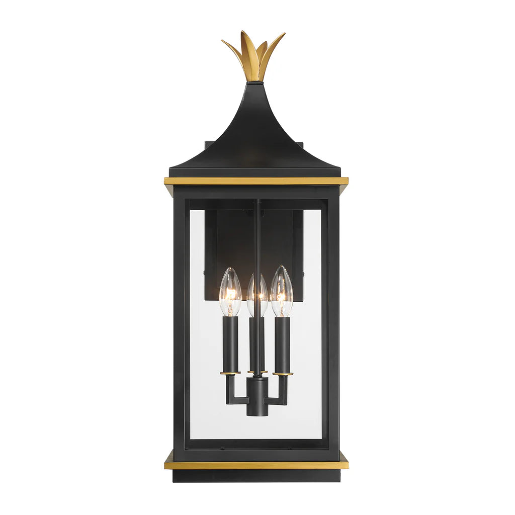 Outdoor Landscape Lighting LED 12V Low Voltage Simpson 3 Light Outdoor Sconce 10"x25" Stainless Steel and Glass Matte Black with Textured Gold Finish 120V 3 E12 Candelabra Base LED Bulb Sockets for Patio, Garden, Exterior Walls