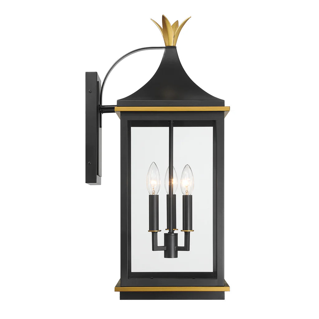 Outdoor Landscape Lighting LED 12V Low Voltage Simpson 3 Light Outdoor Sconce 10"x25" Stainless Steel and Glass Matte Black with Textured Gold Finish 120V 3 E12 Candelabra Base LED Bulb Sockets for Patio, Garden, Exterior Walls