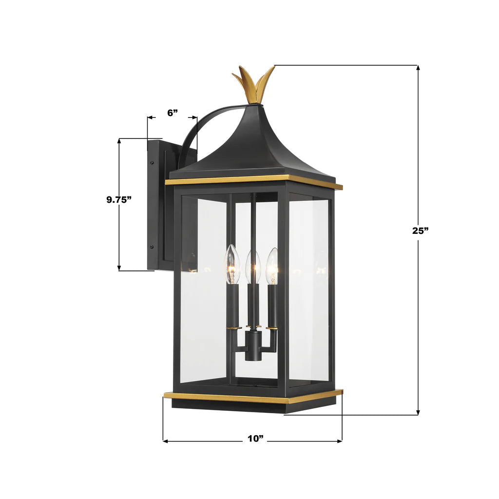 Outdoor Landscape Lighting LED 12V Low Voltage Simpson 3 Light Outdoor Sconce 10"x25" Stainless Steel and Glass Matte Black with Textured Gold Finish 120V 3 E12 Candelabra Base LED Bulb Sockets for Patio, Garden, Exterior Walls