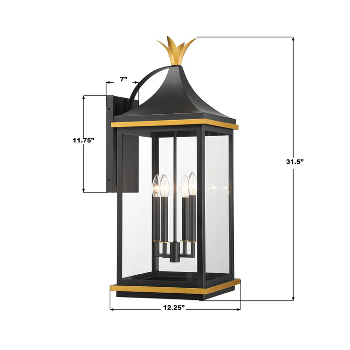 Outdoor Landscape Lighting LED 12V Low Voltage Simpson 4 Light Outdoor Sconce 12.25"x31.5" Stainless Steel and Glass Matte Black with Textured Gold Finish 120V 4 E12 Candelabra Base LED Bulb Sockets for Patio, Garden, Exterior Walls