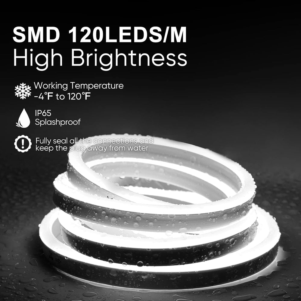 Outdoor Landscape Lighting LED 12V Low Voltage SLN06 Dotless Neon LED Strip Light 110-130V 8mm (W) x 16mm (H) IP65 Outdoor Rated Dimmable High Voltage Silicone Strip Light with Mounting Clips, Screws with Power Cable