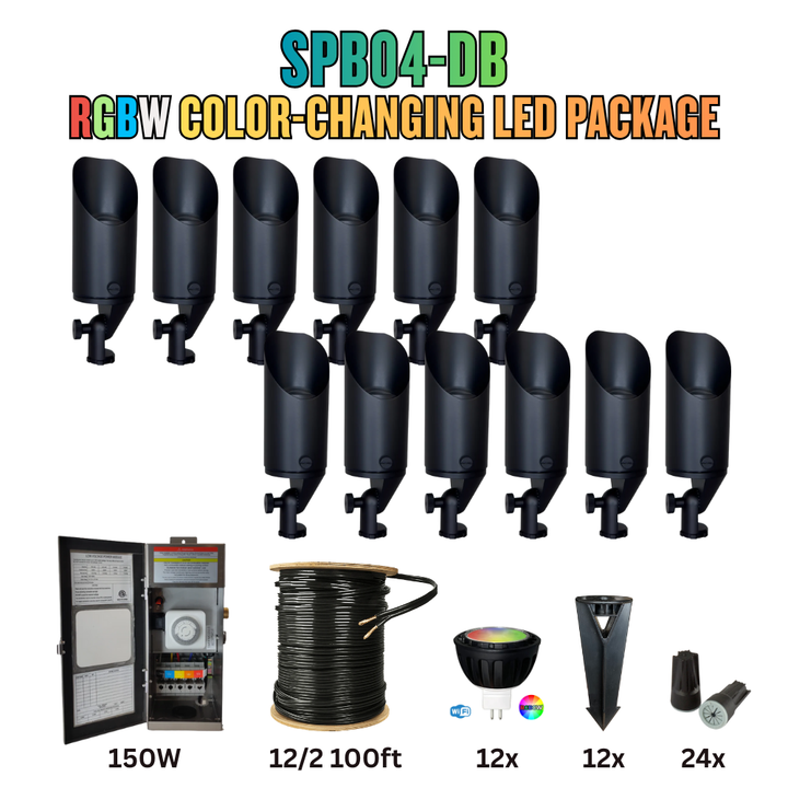 Outdoor Landscape Lighting LED 12V Low Voltage RGBW Color Changing LED Holiday Package: (12) Spotlight or (12) Path Lights with Wires and Connectors SPB04 Dark Brass 6W RGBCW MR16 Spotlights