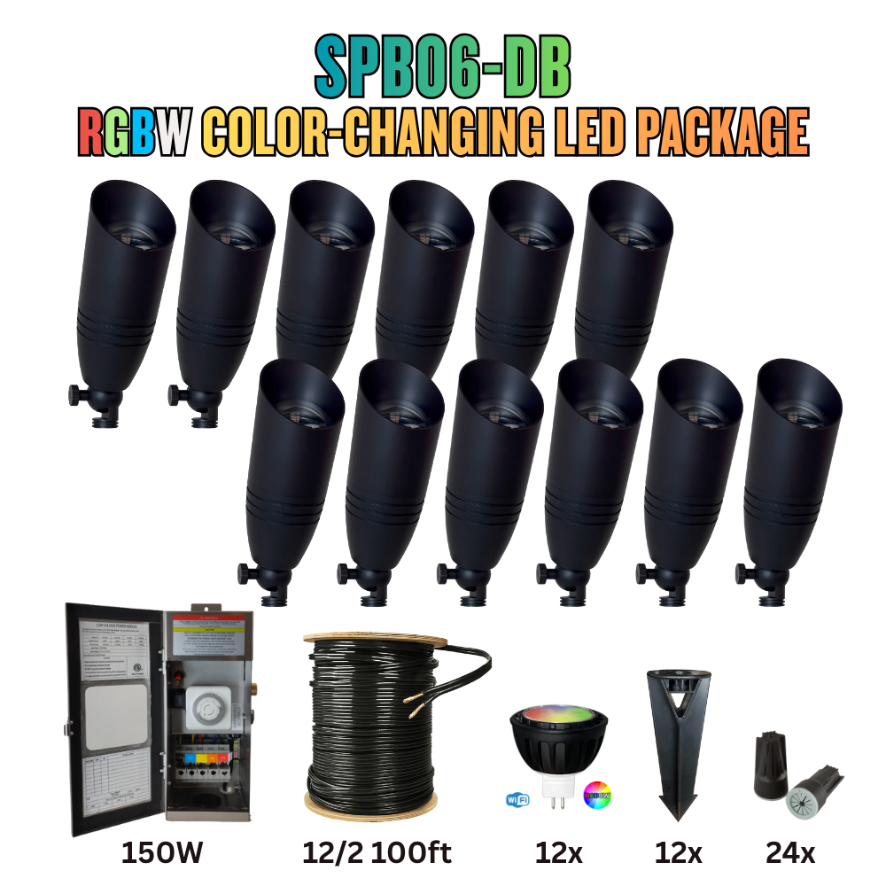 Outdoor Landscape Lighting LED 12V Low Voltage RGBW Color Changing LED Holiday Package: (12) Spotlight or (12) Path Lights with Wires and Connectors SPB06 Dark Brass 6W RGBCW MR16 Spotlights