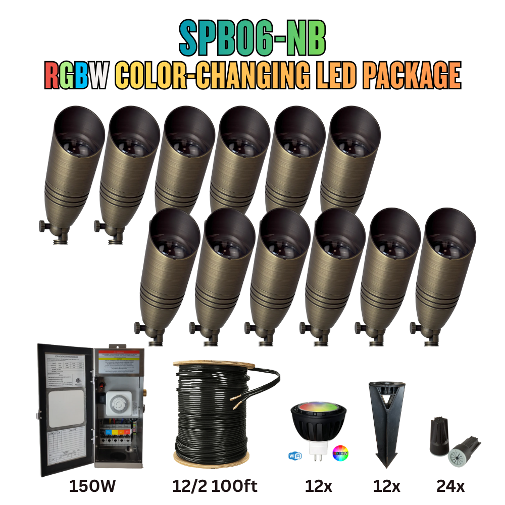 Outdoor Landscape Lighting LED 12V Low Voltage RGBW Color Changing LED Holiday Package: (12) Spotlight or (12) Path Lights with Wires and Connectors SPB06 Natural Brass 6W RGBCW MR16 Spotlights